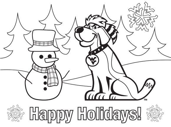 Coloring sheet with Musket the dog, a snowman and "Happy Holidays!" greeting