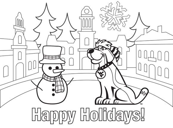 Happy Holidays! Color a snowman and Musket the dog, official friend of the Mountaineer.